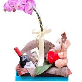 caixa de madeira com Orquídea, Urso, Ferrero Rocher, Vinho Chileno e plaquinha